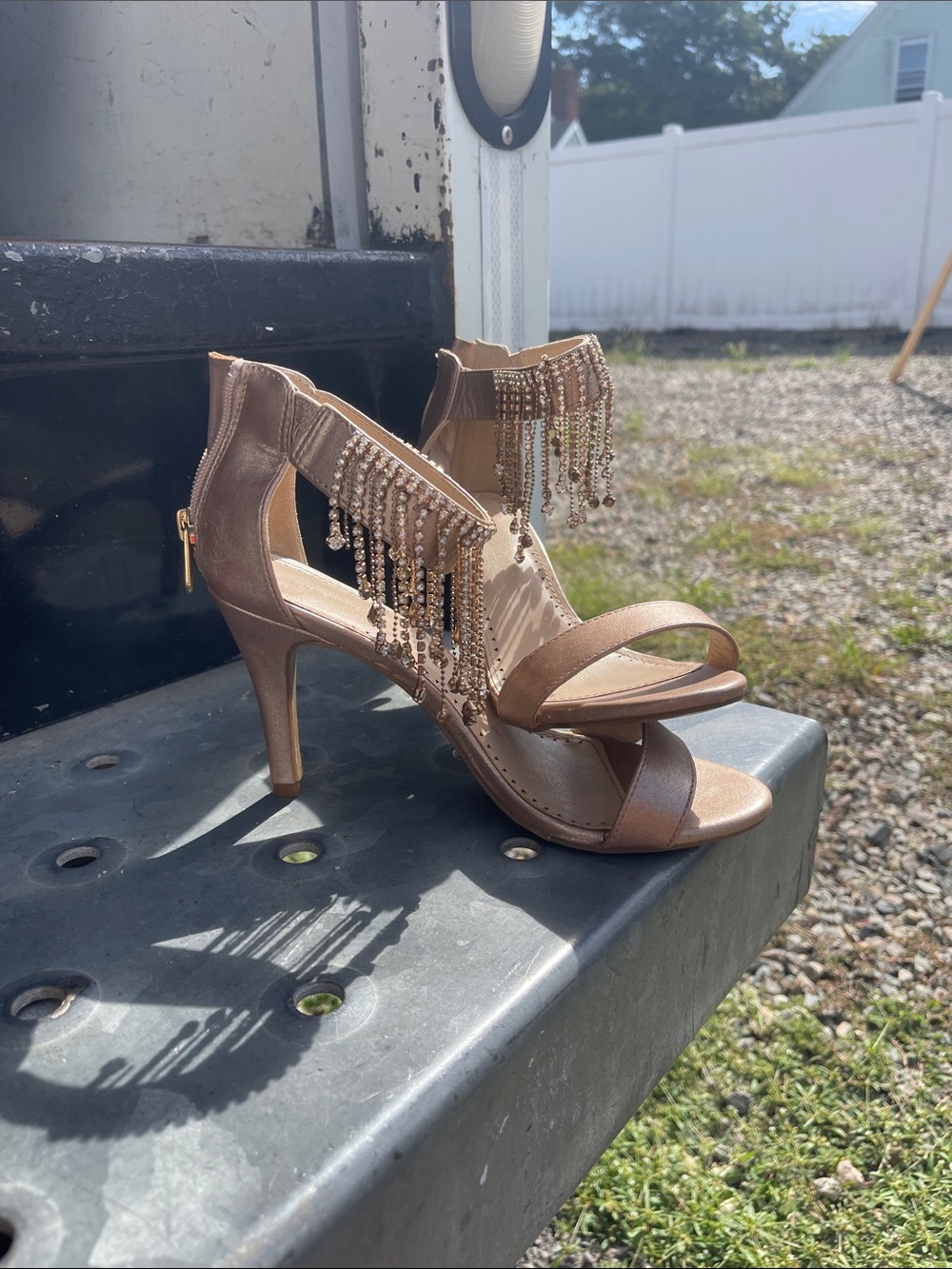 Adrienne Vittadini Rose Gold Beaded Fringe Heels